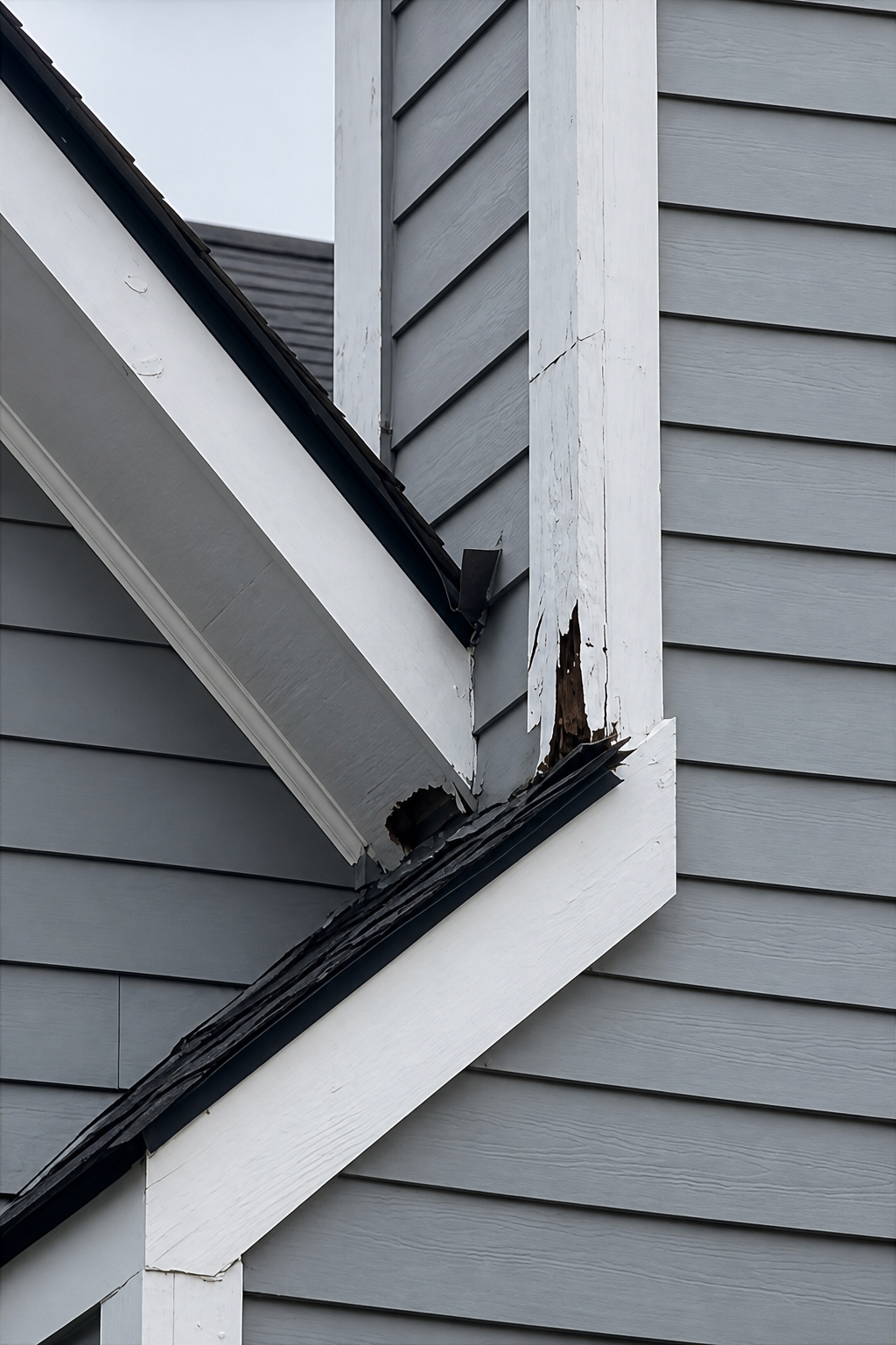 Deteriorated exterior wood trim where rooflines meet
