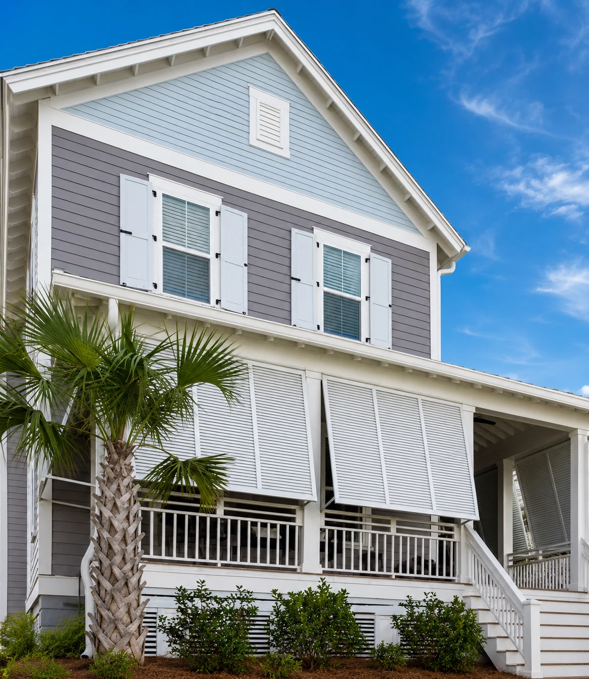 Finished coastal home with gray siding, white trim, and shutters