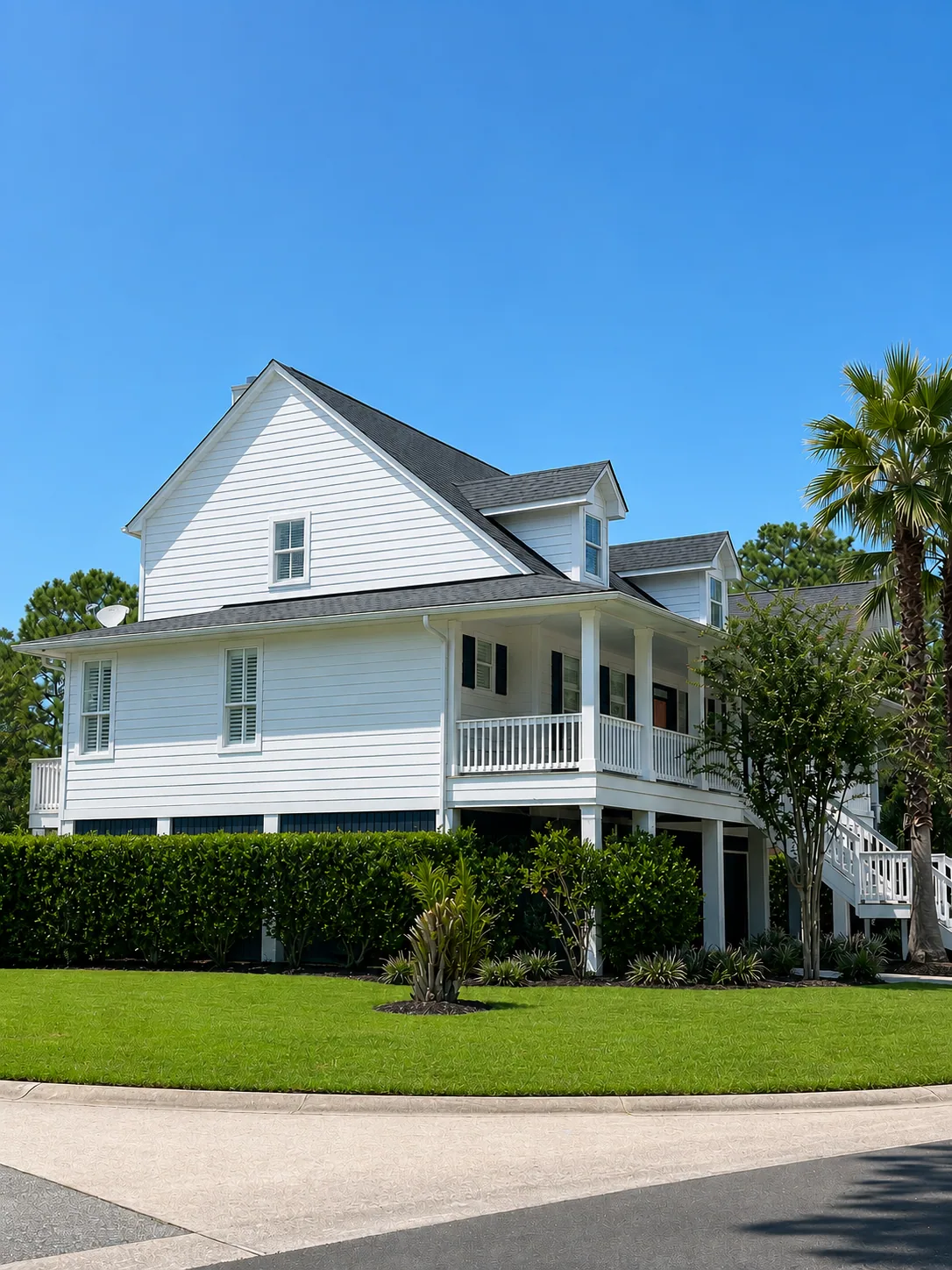 White coastal home after its siding and trim were restored