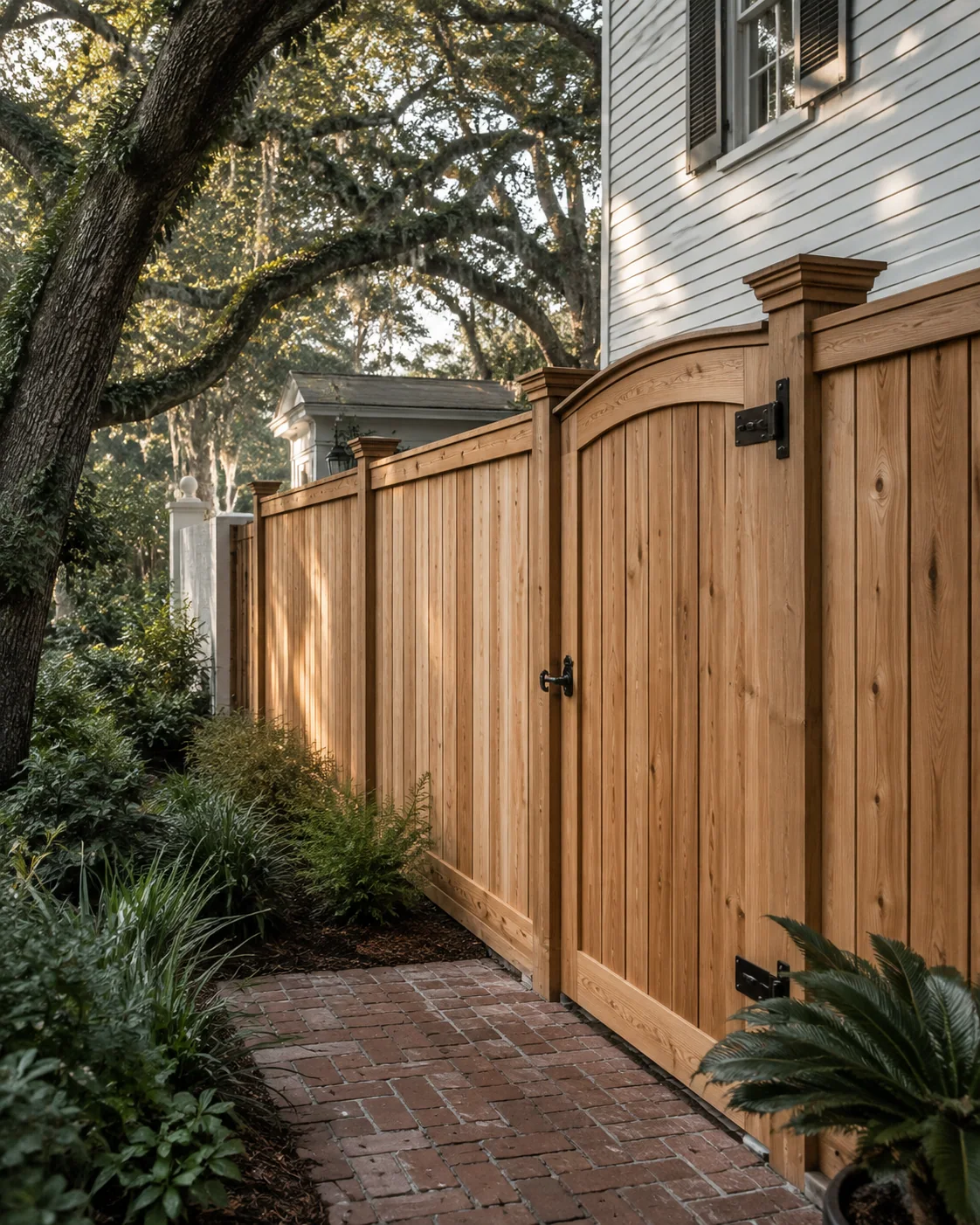 Custom cedar privacy fence and gate on a Lowcountry property