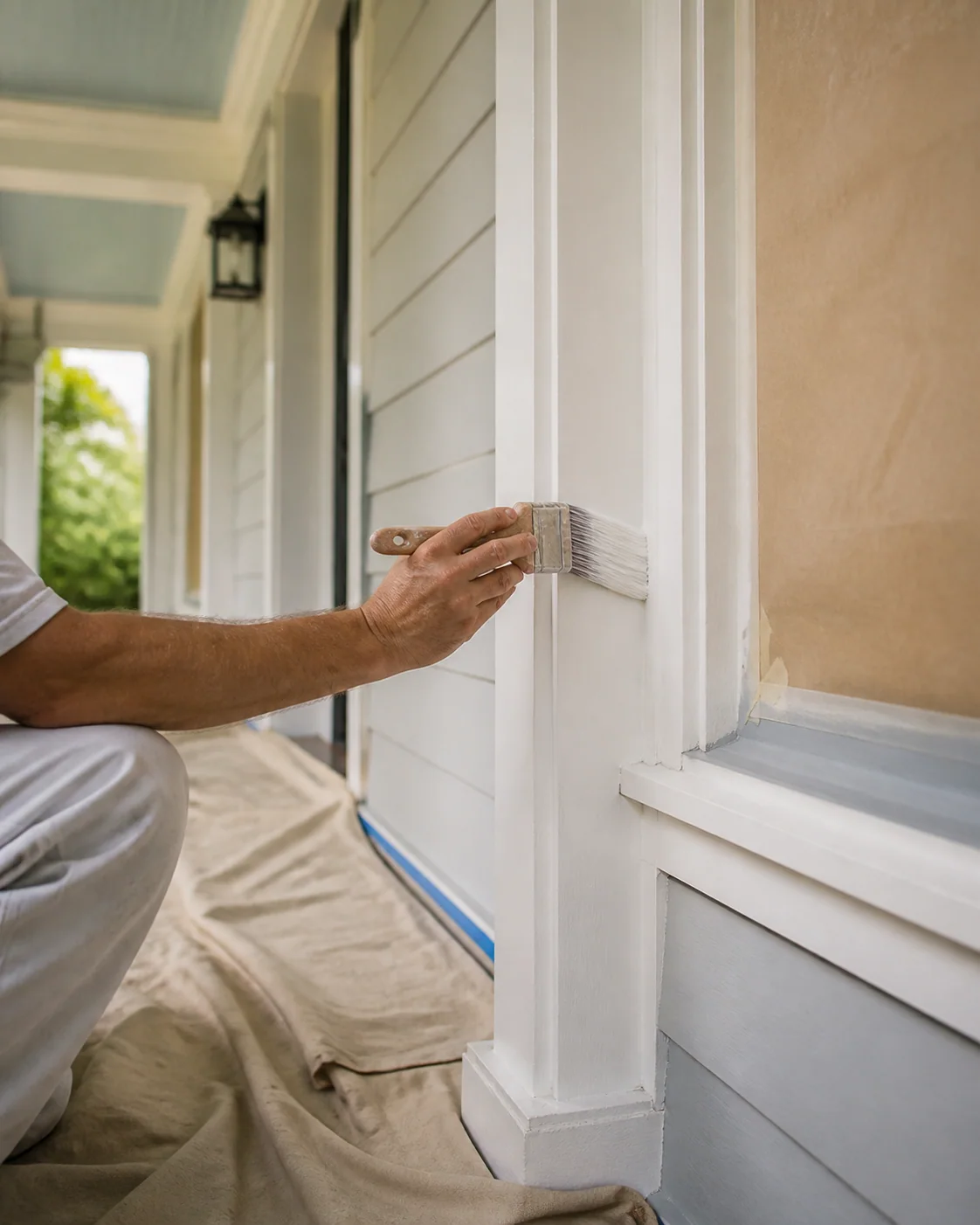 Exterior trim painting with careful surface protection