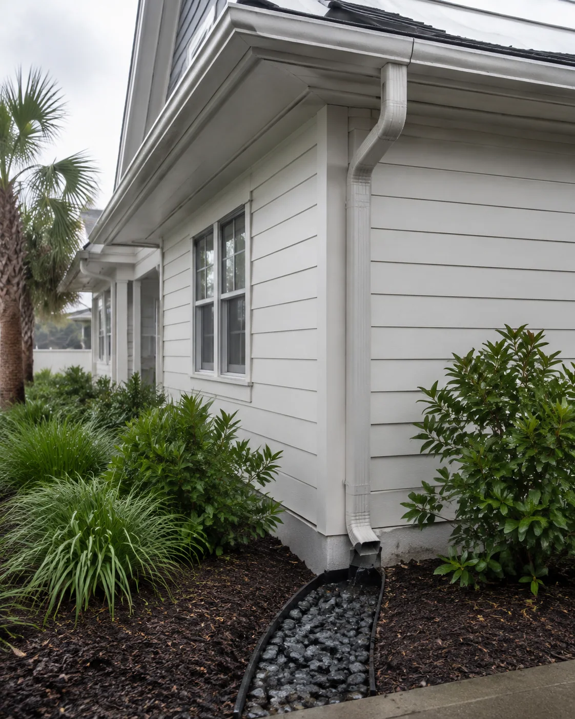 Seamless gutter, downspout, and landscaped drainage route
