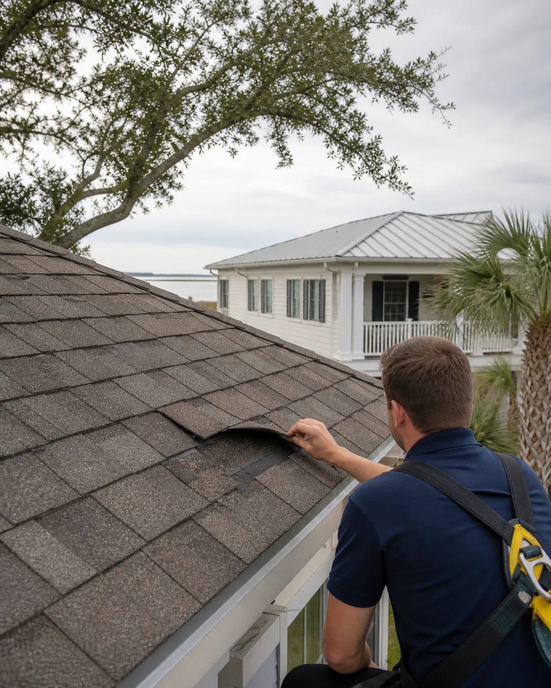 Professional inspection of wind-lifted roofing shingles