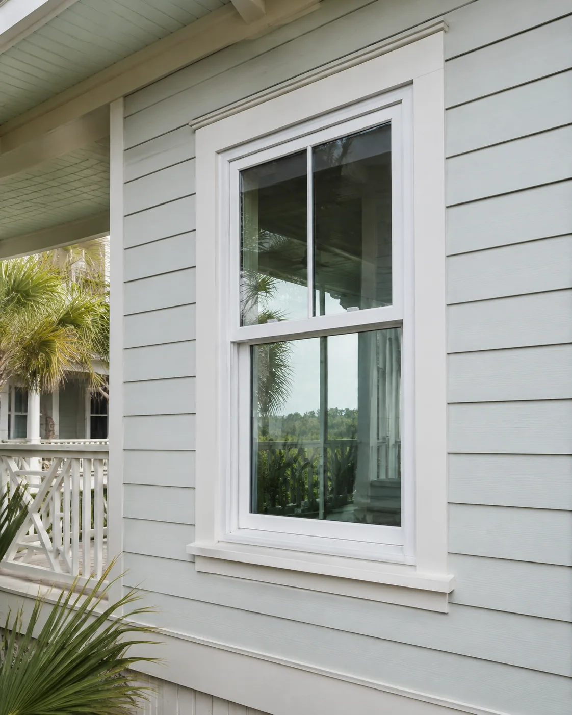 Replacement window integrated with Lowcountry lap siding and trim